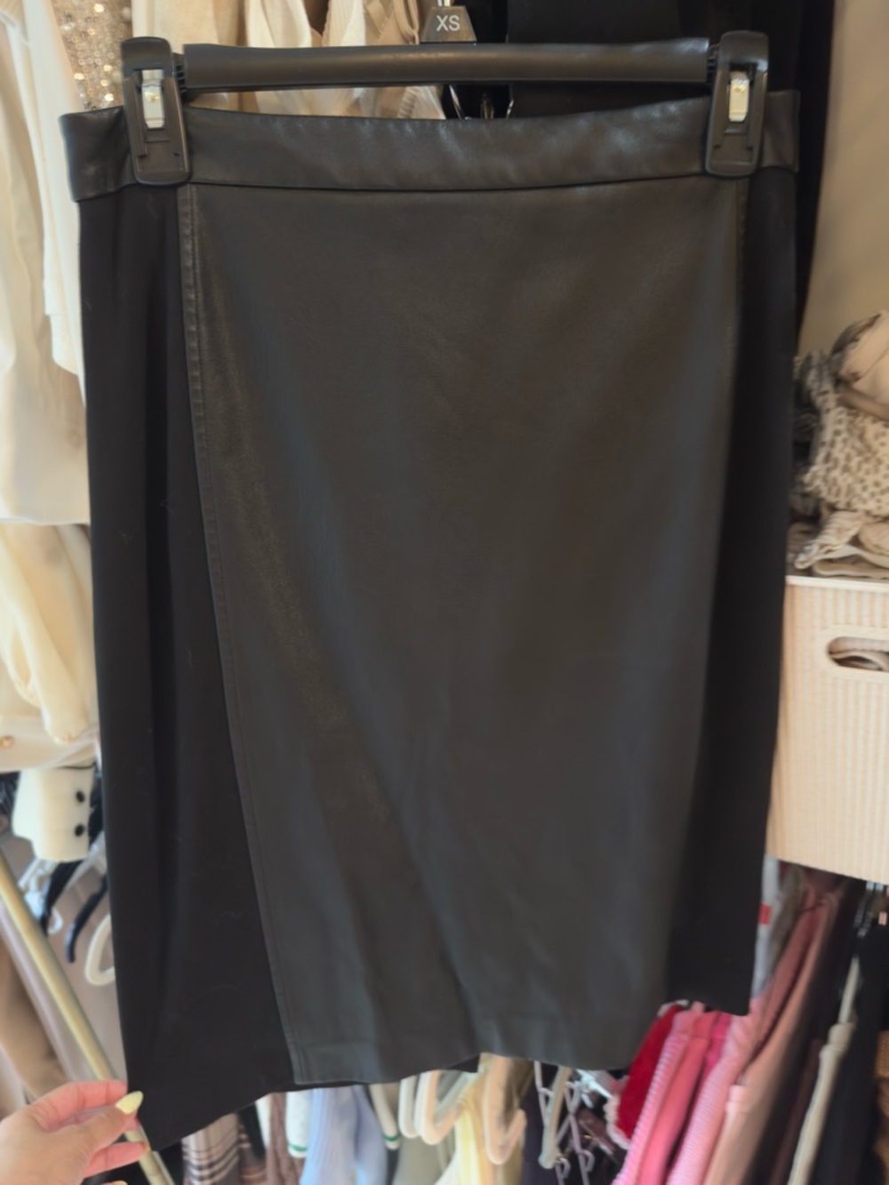 Ann Taylor Black Faux Leather-Front Pencil Skirt